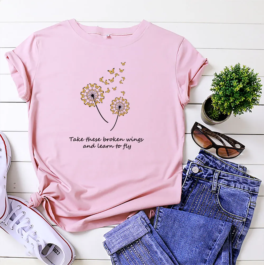 

2021 Summer T-shirt Plus Size Women's T-shirt Dandelion Pattern Print Shirt O-neck Short Sleeve Tshirt 100% Cotton Women Tee Top