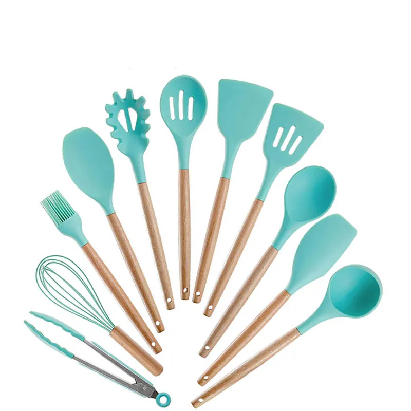 

11pcs Kitchenware Sets Wooden Handle Non-stick Pot Silicone Spatula Kit Gadget Spatula Tongs Ladle Utensils Food Grade Cookware