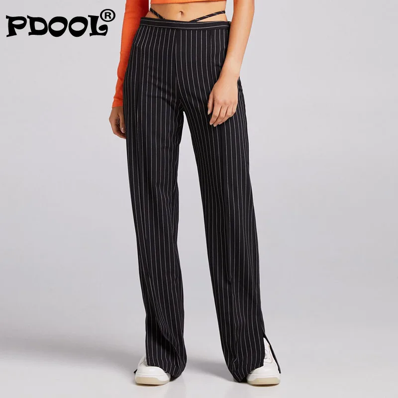 

Женские полосатые длинные прямые брюки в европейском и американском стиле с высокой талией и разрезом на осень 2021