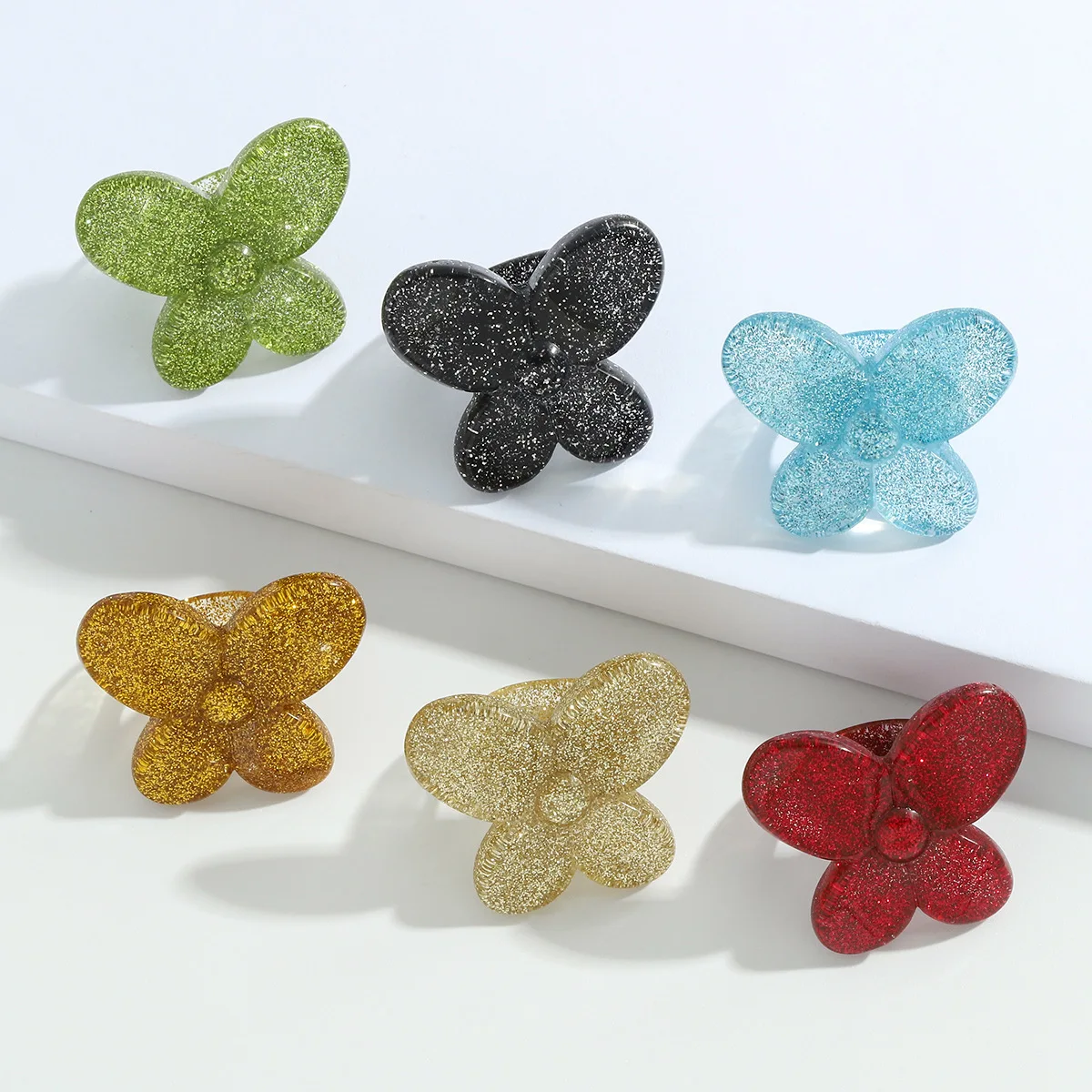 

Fashion Vintage Colorful Resin Flower Rings Korean Shiny Glitter Butterfly Acrylic Ring For Women Girls Sweet Romantic Jewelry