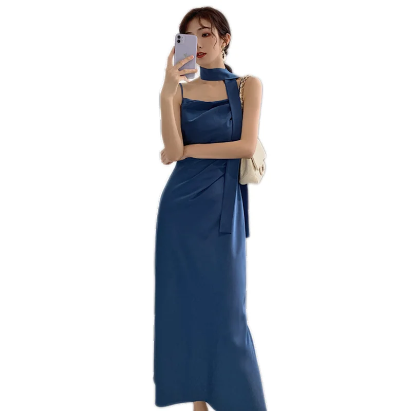 

2021 European/American Sexy Suspender Dress One-way Collar Temperament Slim Short Thread Tight Shirring Skirt Y627