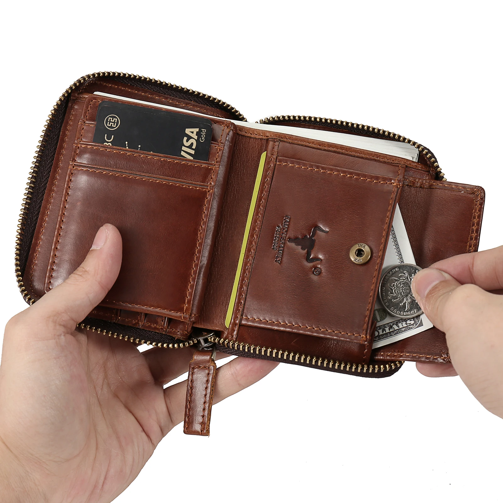 Mens Wallet With Zipper Genuine Leather Male Travel Purse Credit Card Holder Coin Pocket Big Capacity