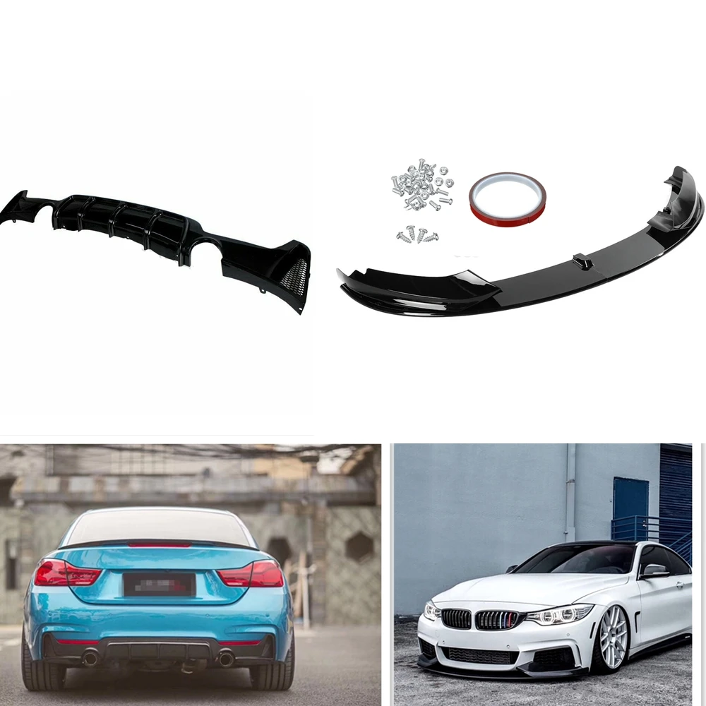 

For BMW 4 Series F32 F33 F36 435i M Sport 2014-2020 Glossy Black Car Rear Diffuser Lip+Front Bumper Lower Spoiler Plate Splitter