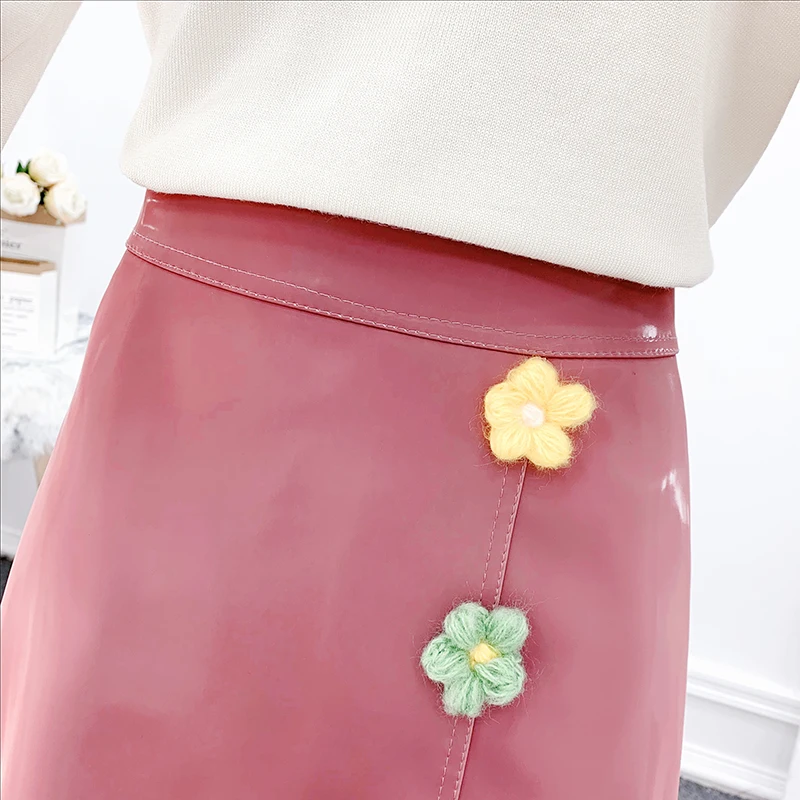 

Fairy Net Yarn Splicing Patchwork Knit Bow Pullover Sweater Two-Piece Irregular Flower PU Skirt Sweet Girl Clothing Set Suit.