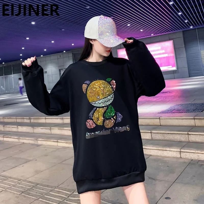 

Crewneck Sweatshirt Crystal Rhinestone Hoodie Women Spring Korean Fashion Plus Size Cartoon Anime Harajuku Kawaii Mid-length Top