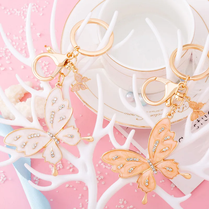 

Trendy Beautiful Double Butterfly Keychain Rhinestone Jungle Animal Jewelry Women Girl Bag Decor Trinket Car Keyring Lover Gift