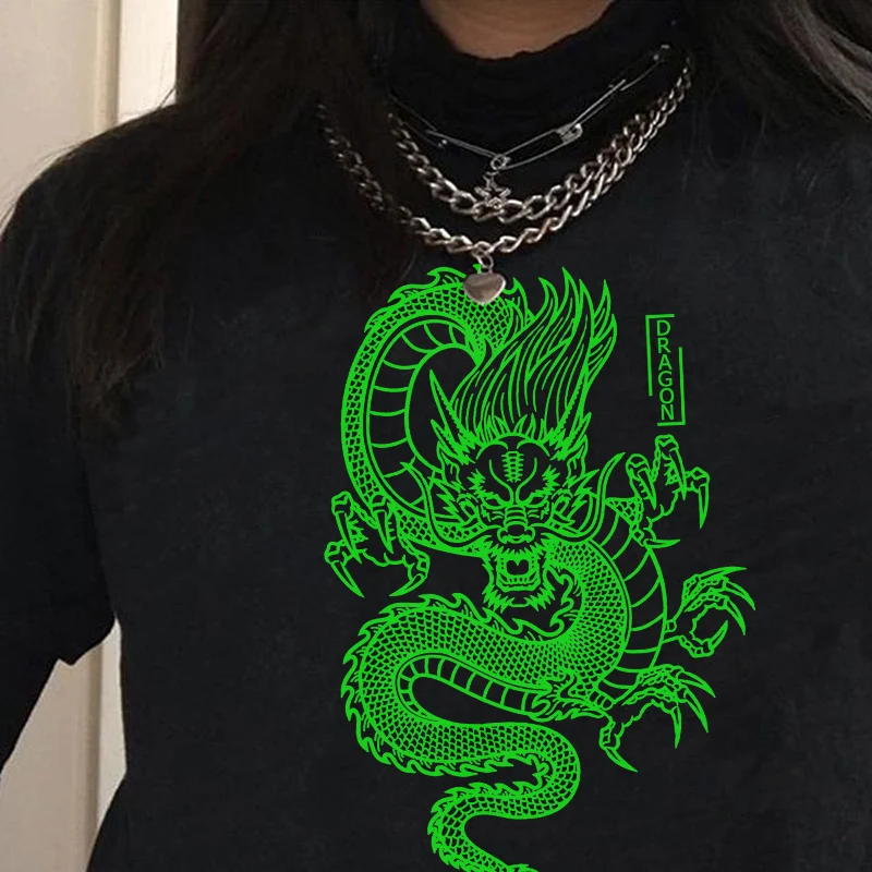 Женская Винтажная Футболка Harajuku Fun dragon футболка с коротким рукавом Ulzzang Прямая