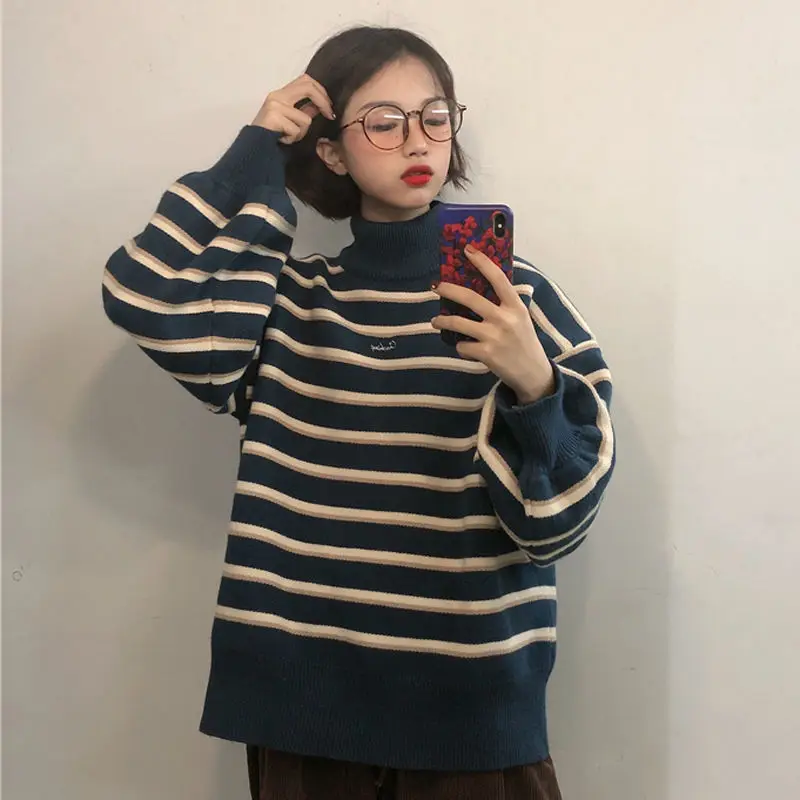

thickened turtleneck female autumn winter lazy wind loose pullover striped long sleeve women female basic women sweaters