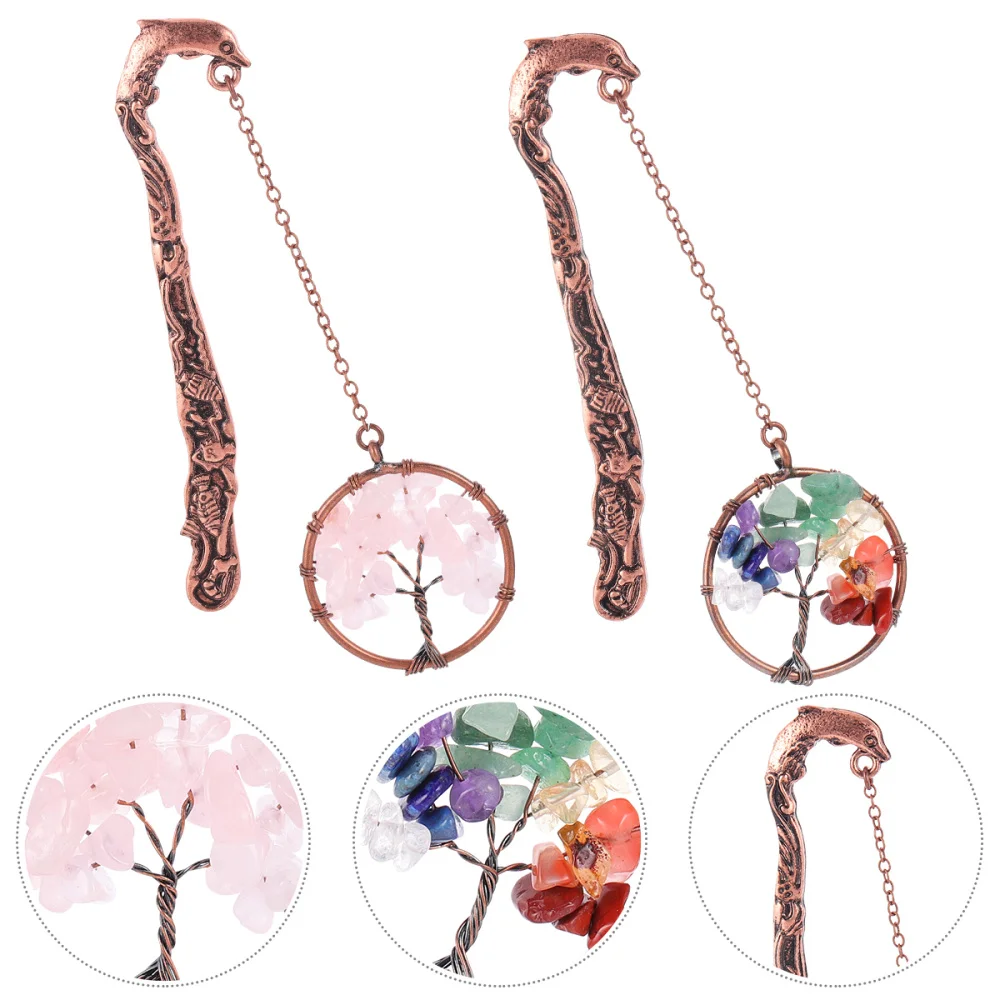 

2pcs Vintage Metal Bookmarks with Crystals Stone Beaded Pendant