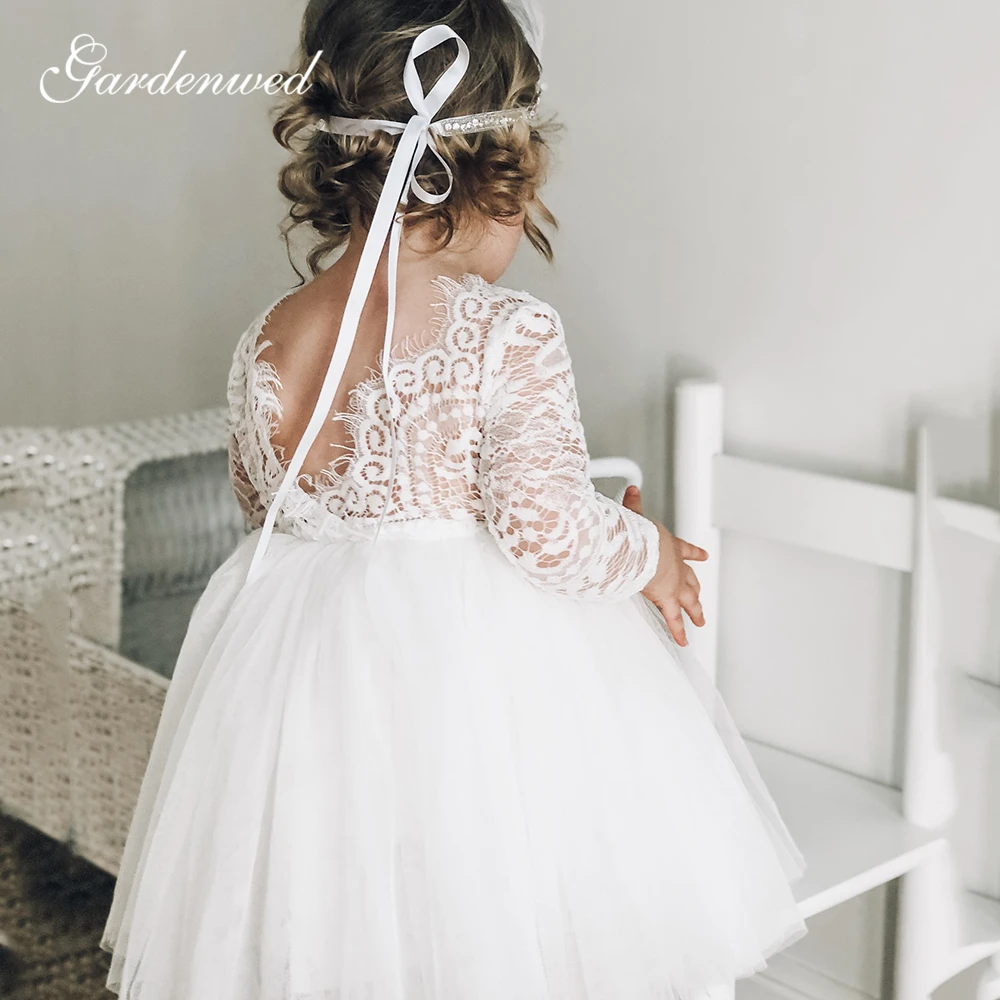 Cute Ivory Lace Flower Girl Dresses O-Neck Long Sleeves First Communion Illusion Back Short Tulle Baby Party Dress | Свадьбы и