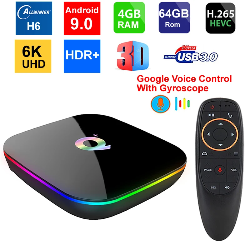ТВ приставка Q Plus для Smart TV четырехъядерный Allwinner H6 4 Гб ОЗУ 64 ПЗУ Android 9 0 OS Wi Fi USB3.0 6K UHD