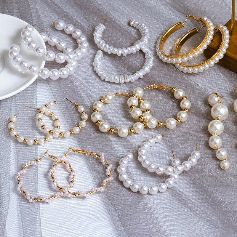 

POXAM New Simple Plain Metal Pearl Hoop Earrings For Women Unique Statement Big earings 2020 Fashion Brincos Party Jewelry