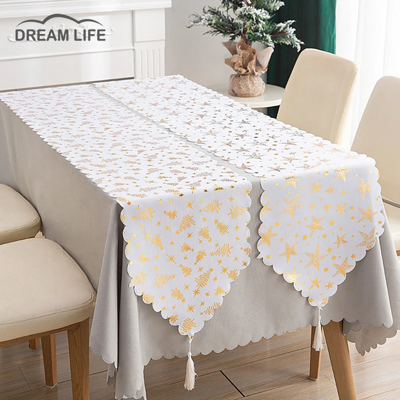 

White Bronzing Table Runner Christmas Decorations For Home Table Dining Room Xmas Tree Tablecloth Decor New Year 2021 33x180cm