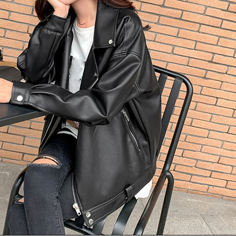 

Female Streetwear Oversized Coat Sungtin Faux Leather Jacket Women Casual PU Loose Motorcycle Jackets Korean Chic New Spring