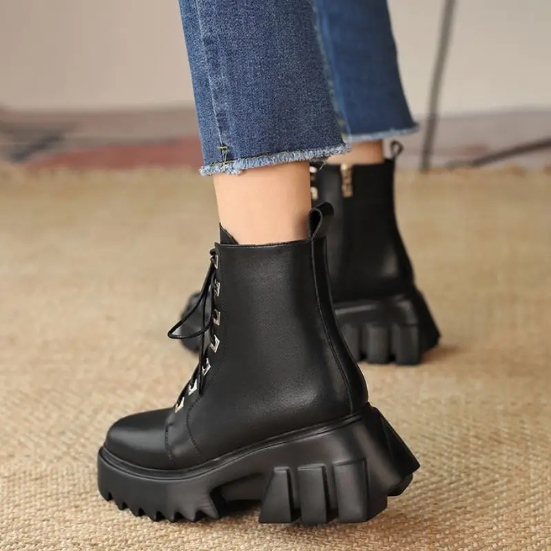 

RIZABINA Real Leather Women Ankle Boots Strange Heel Round Toe Cross Strap Shoes Winter Warm Boots Women Fahion Party Footwear