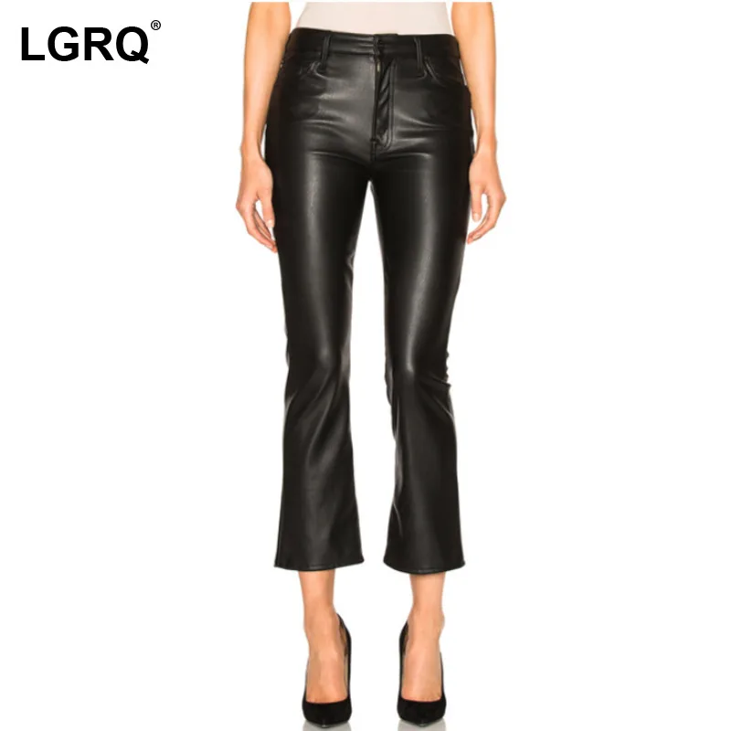 

[LGRQ] 2021 New Women's Fashion Skinny High-waist Washed PU Leather Pockets Eight-quarter Bell Bottom Pants Autumn Winter 7E2994