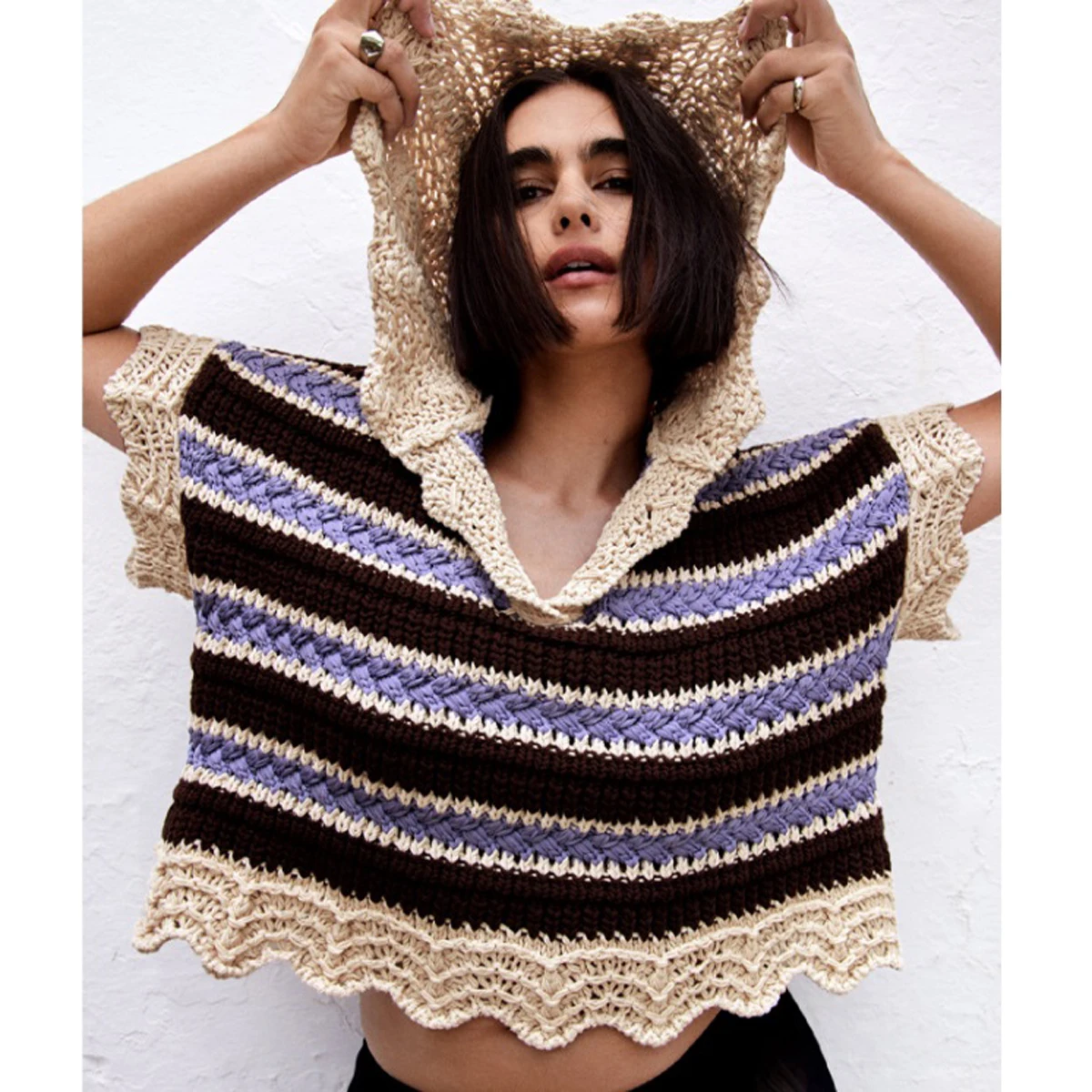 

Новинка осени 2021, корейский модный тонкий свитер в полоску с капюшоном Dlsy2946