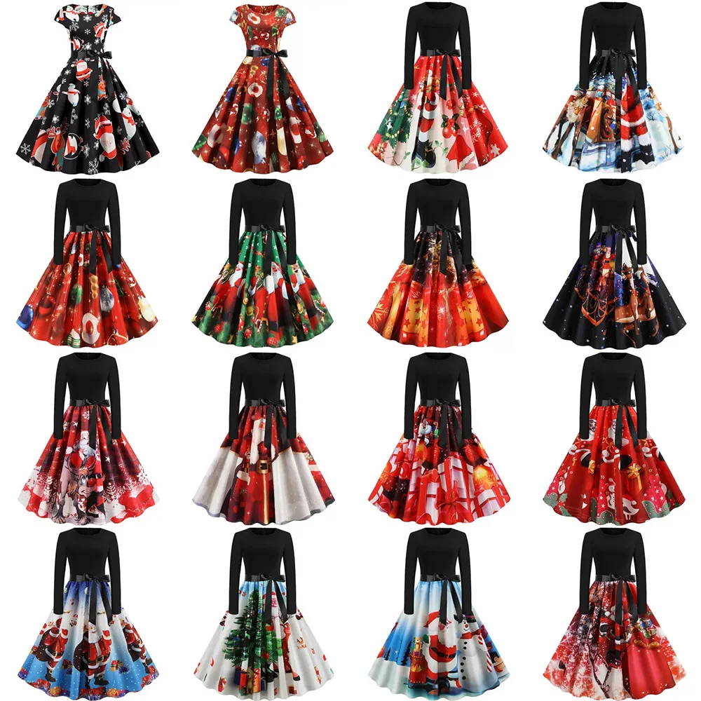 

Christmas party long print dress long sleeve stitching ribbon big swing party dress