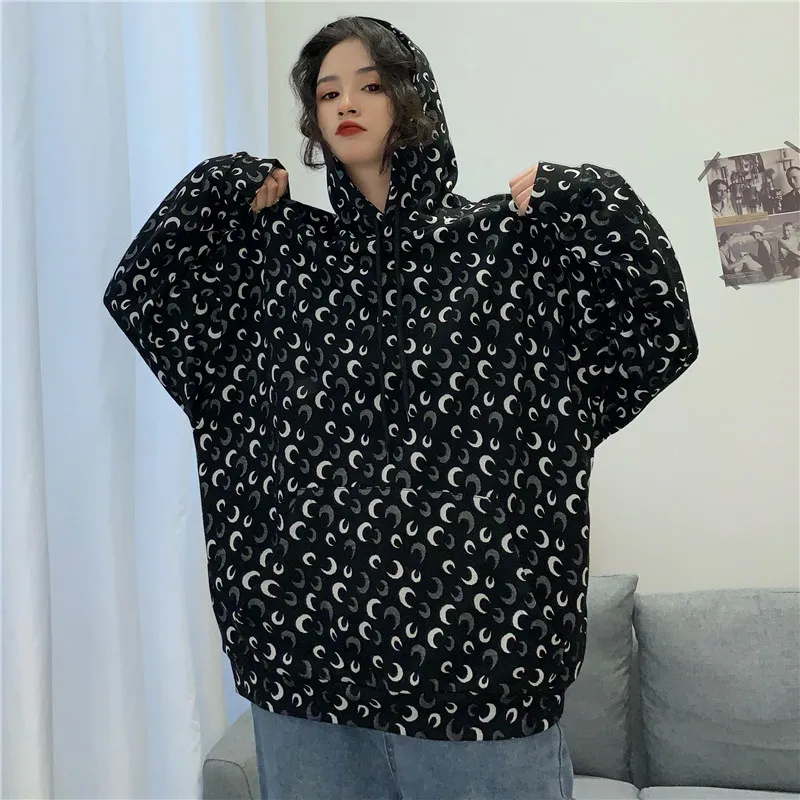 

Новые осенние толстовки женские Harajuku Moon толстовки свободный пуловер с капюшоном Хлопок винтажная черная толстовка с шнурками толстовки ов...