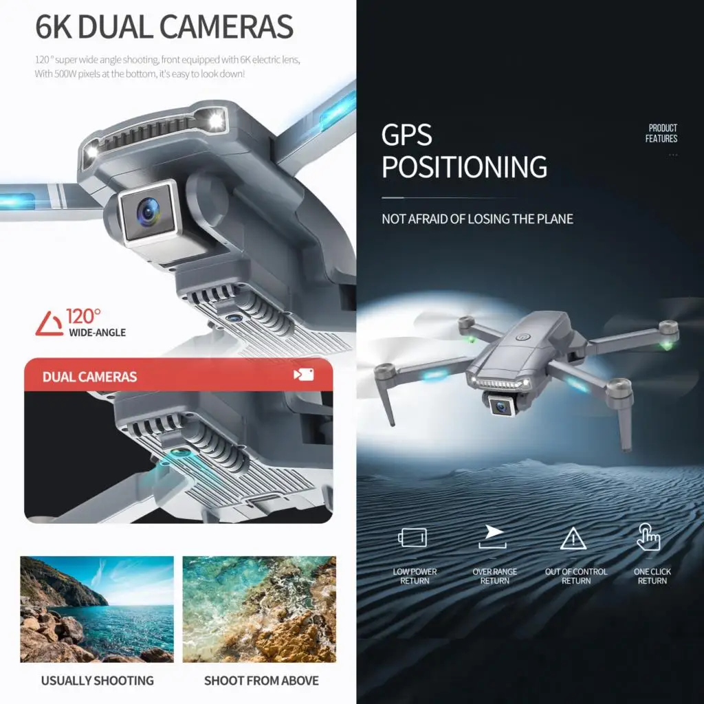GPS Drone with Professional 4K 6K Camera, Brushless Motor 5G WIFI FPV Foldable RC Quadcopter Dron, Remote Control Helicopter