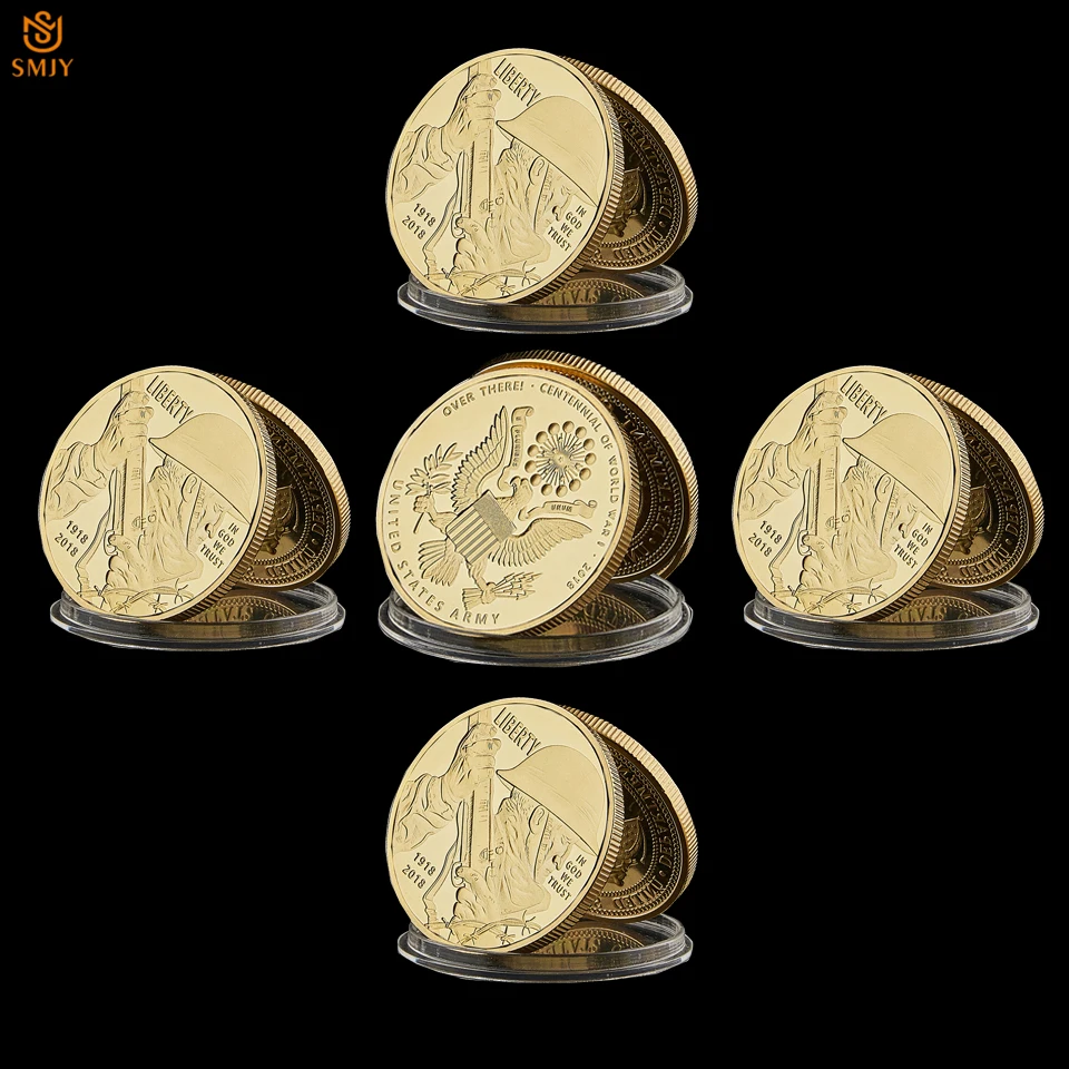 

5PCS WWI US Military Challenge Coin (1918-2018) Gold-plated Freedom Soldier Centennial Coins Collection Value