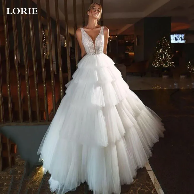 

LORIE RufflesTiered Princess Wedding Dresses Ball Gowns Glitter Tulle Sexy V Neck Bride Dresses Backless Wedding Gowns 2021