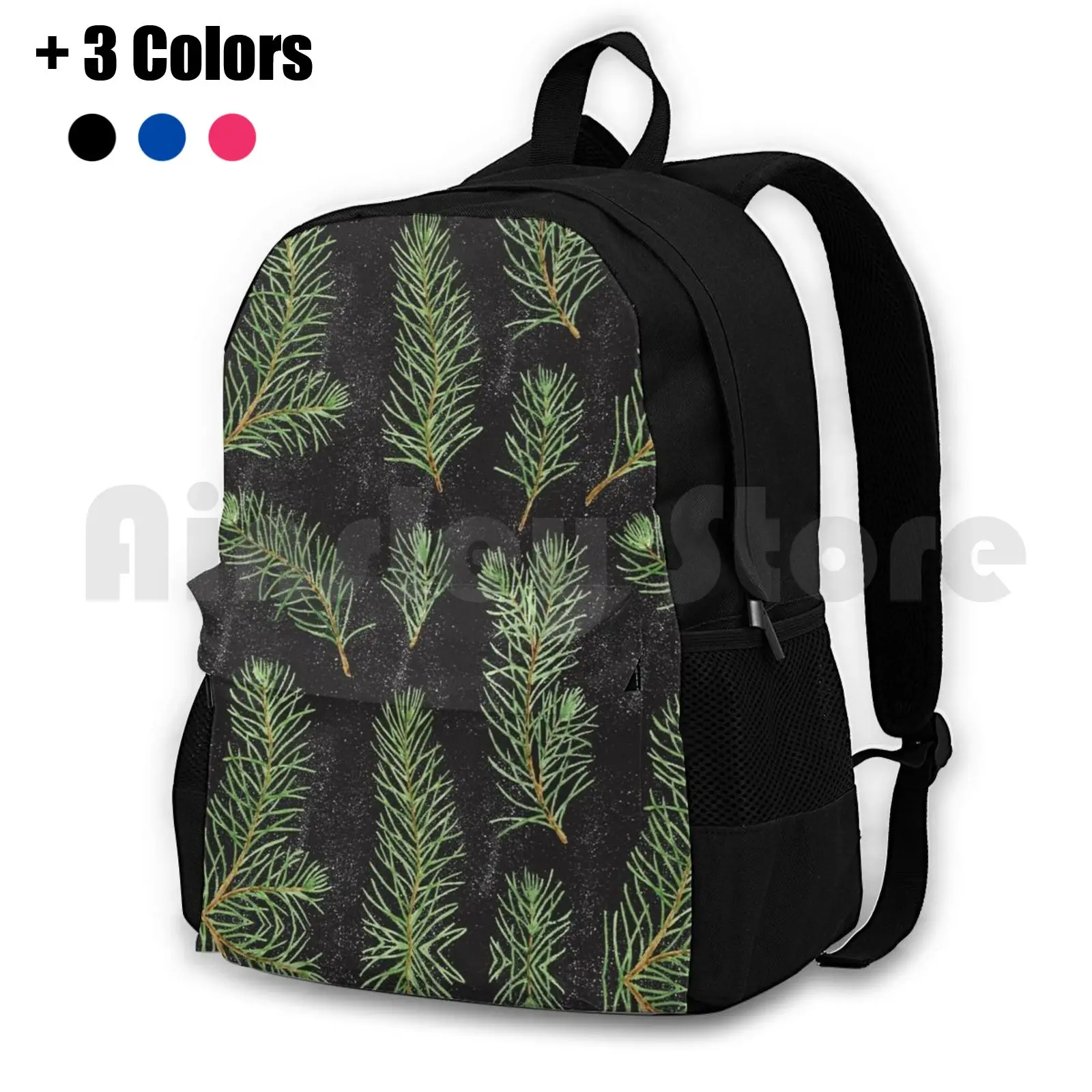 

Watercolor Pine Branches Pattern On Black Background Outdoor Hiking Backpack Riding Climbing Sports Bag Pine Fir Tree Branch