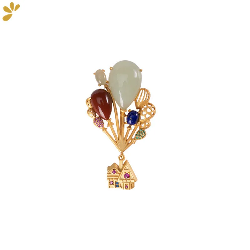 

Natural Jade Agate Lapis Lazuli Castle Balloon 925 Silver Brooch Fine Jewelry For Women Gemstone Brooches 2021 Trend New Party