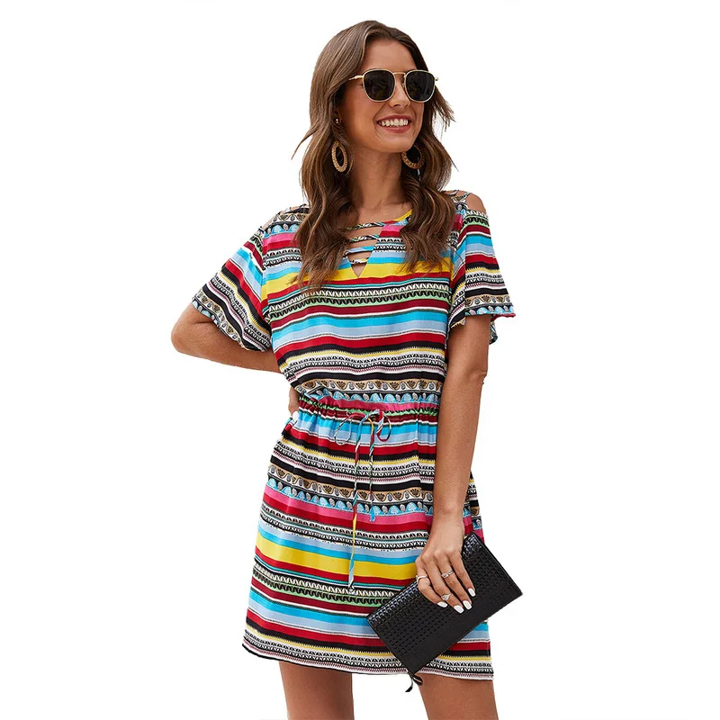 

New Casual Style Women's Dress, European and American Loose Waist Striped Skirt Women