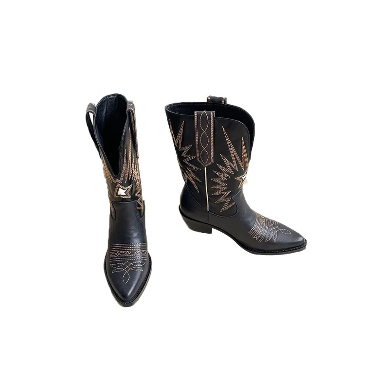 

Женские ботинки с вышивкой, ретро рыцарские Ботинки на каблуке, женские ковбойские ботинки из натуральной кожи в западном стиле, распродажа...