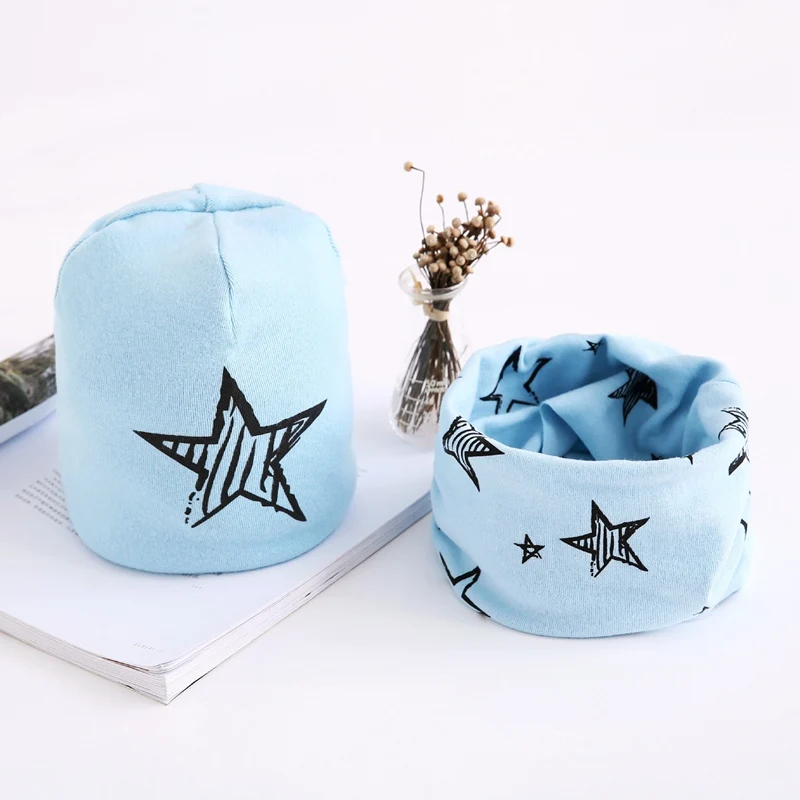 New Cotton Baby Pom Hat Winter Warm Kids Hats Scarfs Set Star Printing Beanie Soft Comfortable Children Cap | Детская одежда и