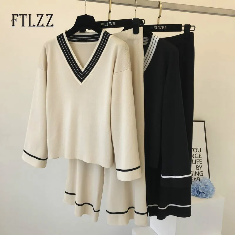 Осенний вязаный комплект из двух предметов женский винтажный костюм свитер с v