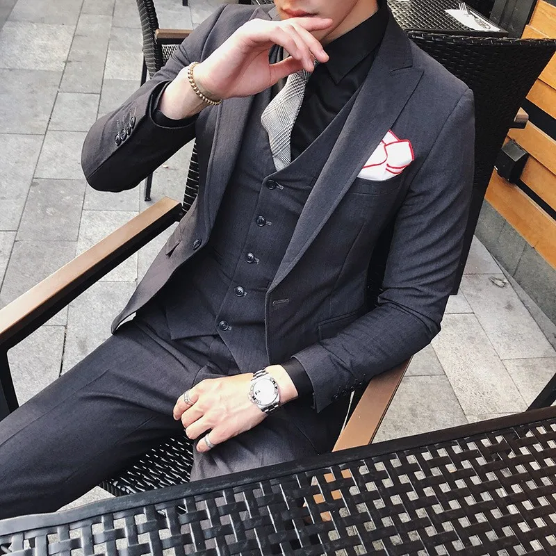 

High Quality Brand Mens Suits Fashion Slim Fit Groom Blazer Pants Vest 3 Piece Wedding Party Set Male Business Casual Suit Sets