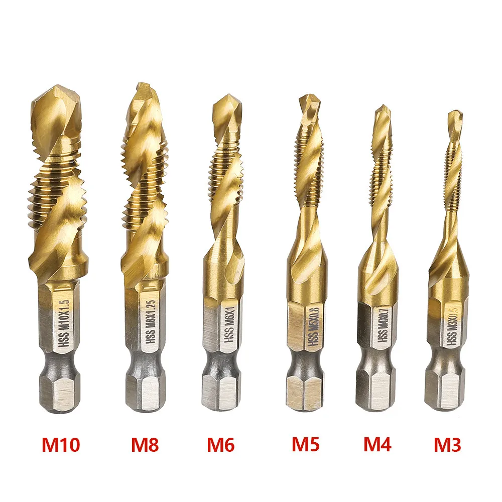 

6Pcs Hex Shank Titanium Plated HSS Screw Thread Metric Tap Drill Bits Screw Machine Compound tap M3 M4 M5 M6 M8 M10 Hand Tools