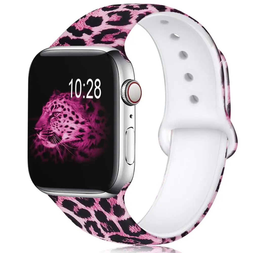 Pink Leopard Ленты с цветами для Apple Watch 38 мм 40 мм 42 мм 44 мм, леопардовые силиконовые Печатные Сменные браслеты для iWatch серии 5 4 3 2 - Цвет ремешка: Pink Leopard