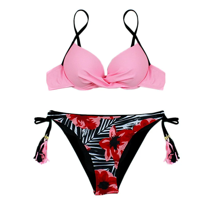 

2021 new candy color digital print open back sexy split bikini swimsuit for push up swimwear women swim suit