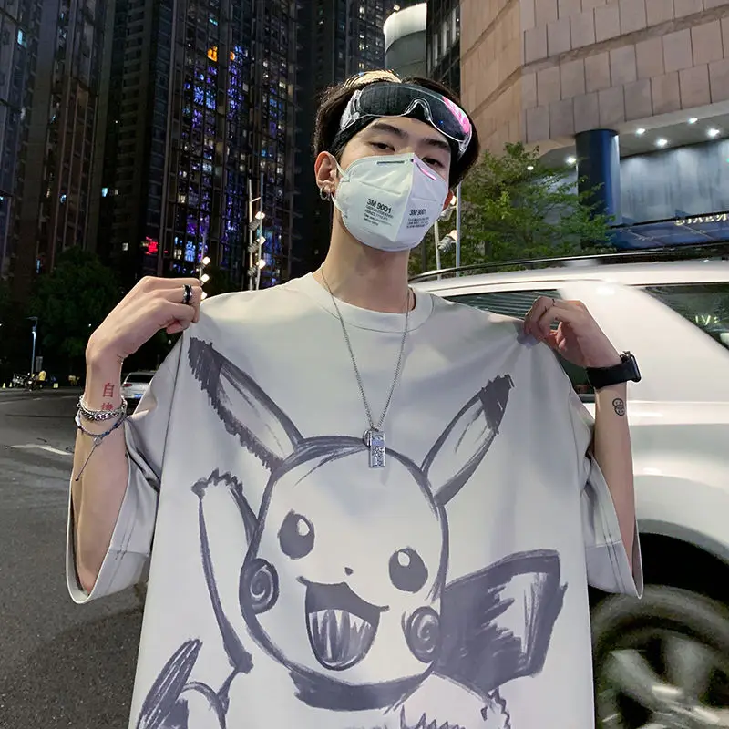 

Pikachu cartoon print loose t-shirt men's summer short sleeve lovers round neck versatile ins top trend half sleeve T-shirt