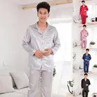 Пижамный комплект мужской шелковый, модный однотонный комплект из двух предметов, брюки с длинным рукавом для пар, повседневная домашняя одежда