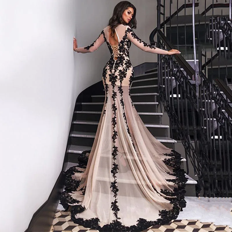 

Dubai Appliques Prom Dress Sexy Backless Nude Mermaid Long Evening Dress Long Sleeves Formal Gown Robe De Soiree
