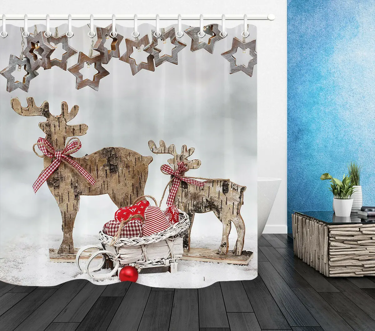 

Christmas Balls Woodcarving Elk Fabric Shower Curtain Set Bathroom Decor Hooks