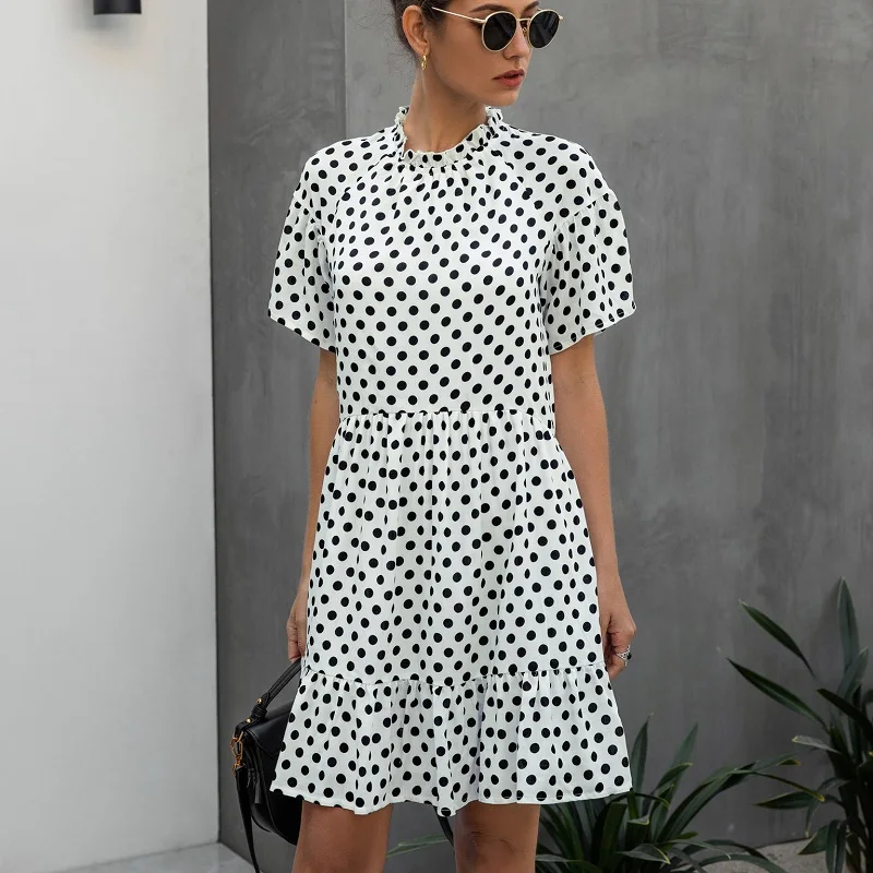 

Women Dress Short Sleeve White Polka Dot Mini Dress 2021 Summer Elegant Office Loose Casual Ruffles Yellow Black Dresses Women