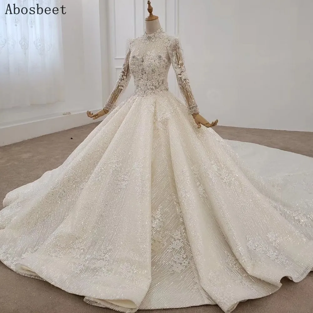 Luxury Fancy Beads Shining Ball Gown Wedding Dress 2021 New Long Sleeve Wedding Gown Elegant High Collar Cathedral Train 200CM