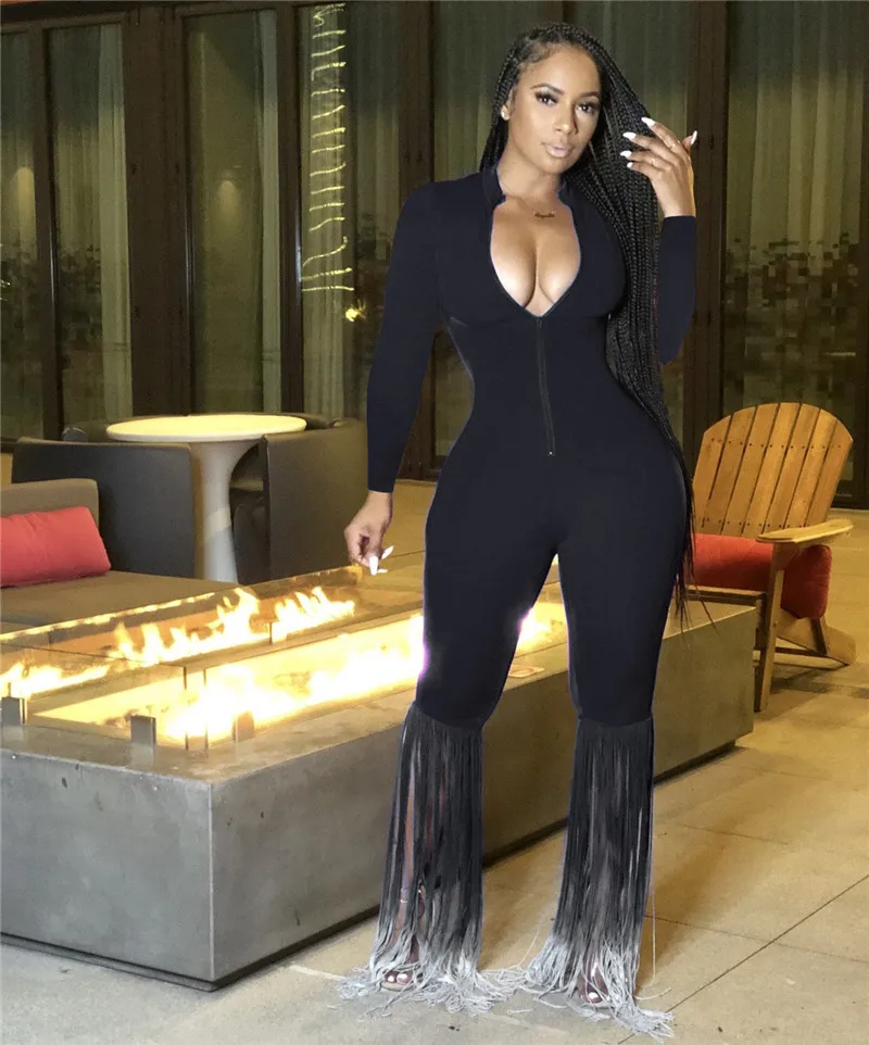 

Женский комбинезон с длинным рукавом, облегающие комбинезоны с глубоким V-образным вырезом, расклешенные брюки с кисточками и поясом, 2021