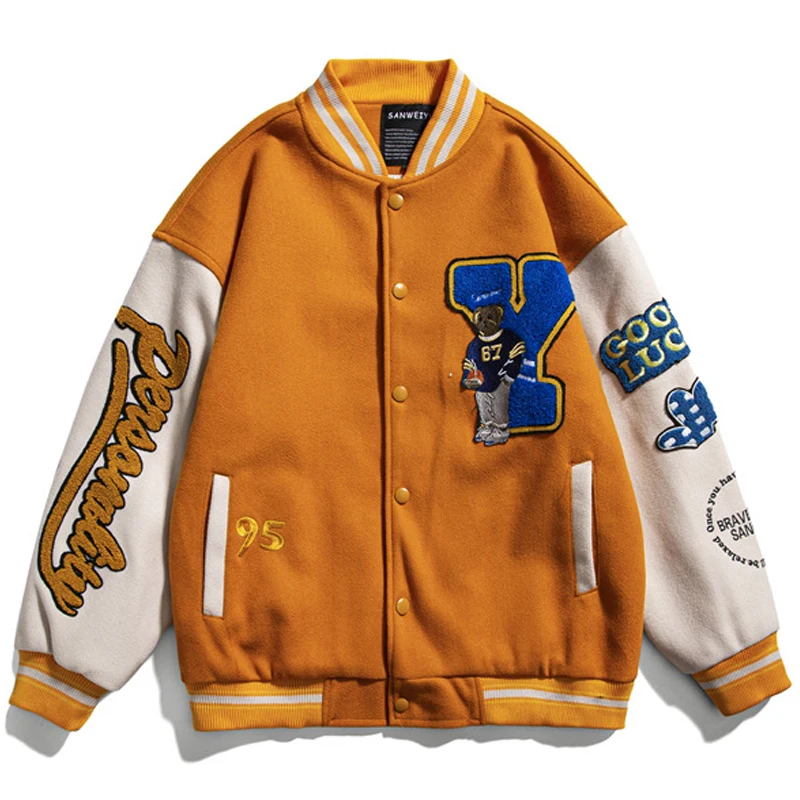 

Baseball Jacket Men Cartoon Bear Letter Embroidery Patchwork Oversize Loose College Style Bomber Jackets Unisex Couple 2021