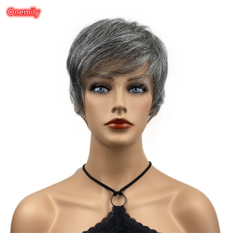 

Onemily Short Straight Layered 6 Inch Pixie Cut Hair Wig with Bangs