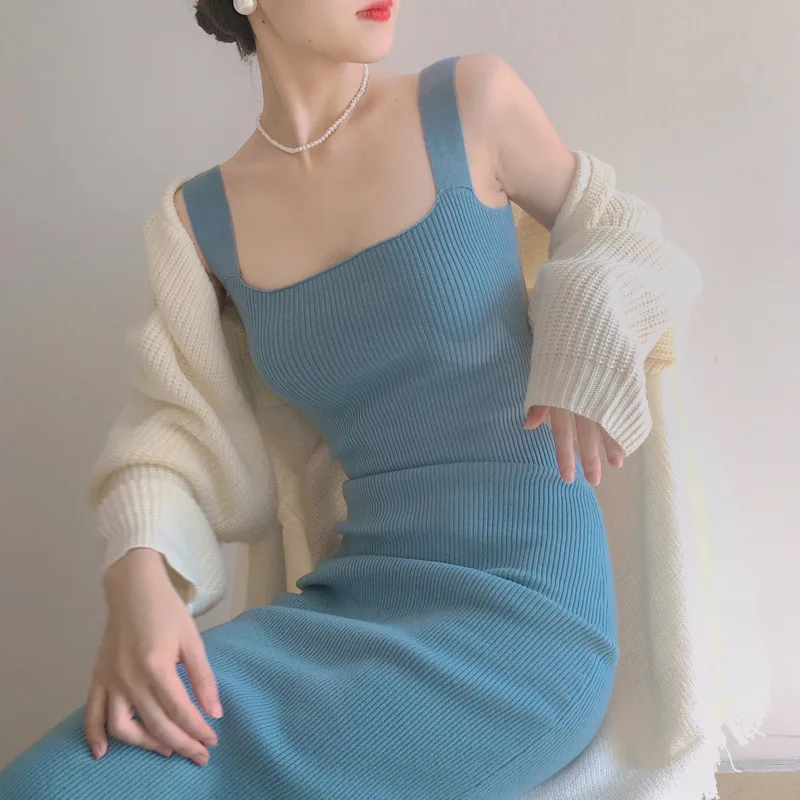 Женское трикотажное платье-спагетти элегантное облегающее платье в Корейском