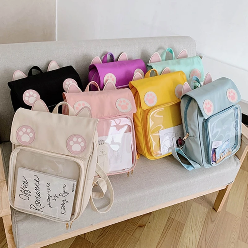 

Cute Ear Backpack Large Capacity Transparent Front Pocket Handbag Multipurpose Teenage Girl Portable Travel School Student