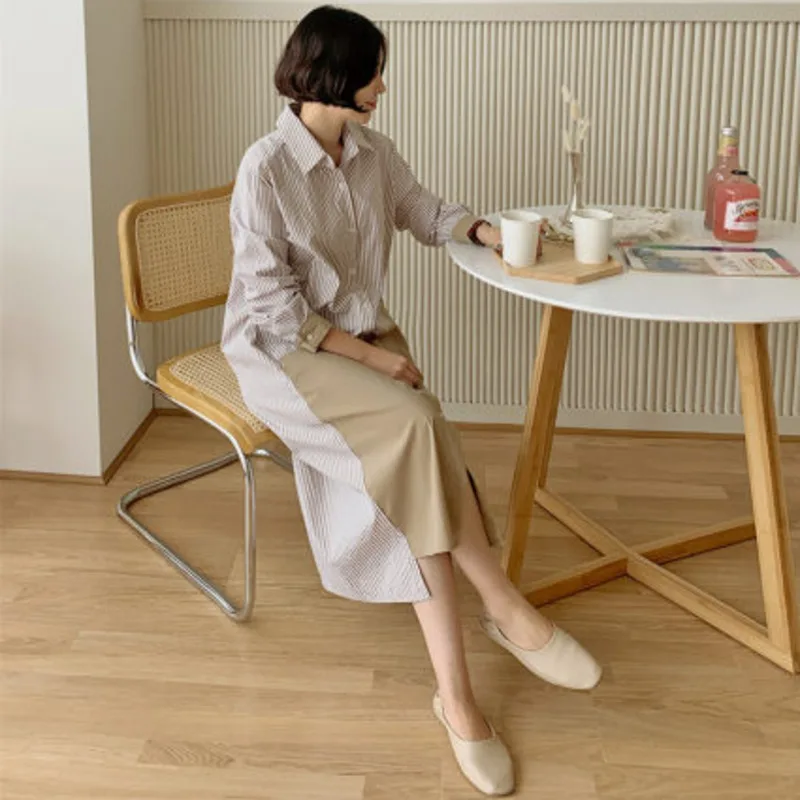 

LANMREM 2021 New Summer Casual Long Sleeve Stitching Contrast Stripe Slim Dress Temperament Loose Fit Fashion Tide 2H298