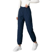 women pants side pockets elastic waist ribbed elastic cuffs solid color rhombus quilted trousers for daily wear