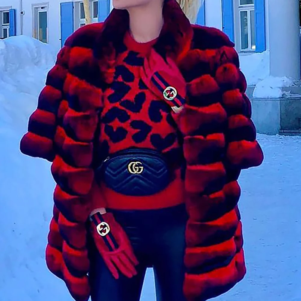 Fashion Red Real Rex Rabbit Fur Coat Medium Length Stand Collar Natural Women Genuine Rex Rabbit Fur Coats Outwear Luxury Woman